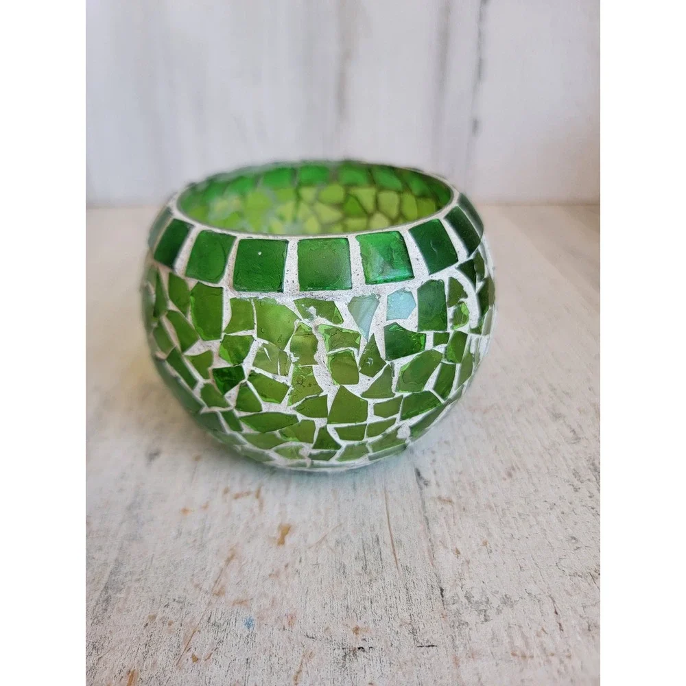 Tea light stained glass green vintage candle holder unique home decor figure